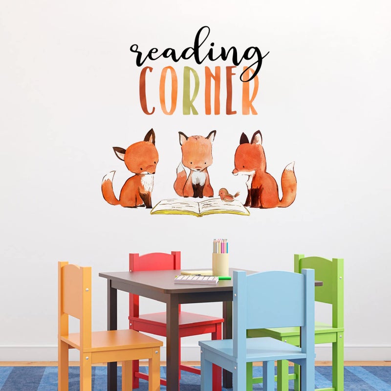 Mfault Foxes Reading Corner Baby Boys Girls Wall Decals Stickers, Removable Woodland Animals Read Books Nursery Playroom Decorations Bedroom Classroom Art, Bird Kids Library Toddler Room Decor - Image 1